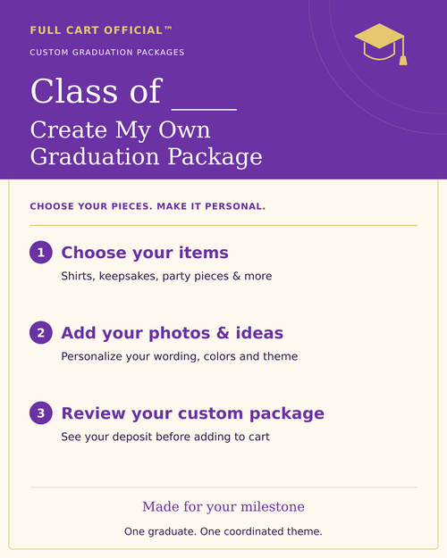 Create my own Class of _____ graduation package. Choose your items, upload your photos, and personalize your celebration.