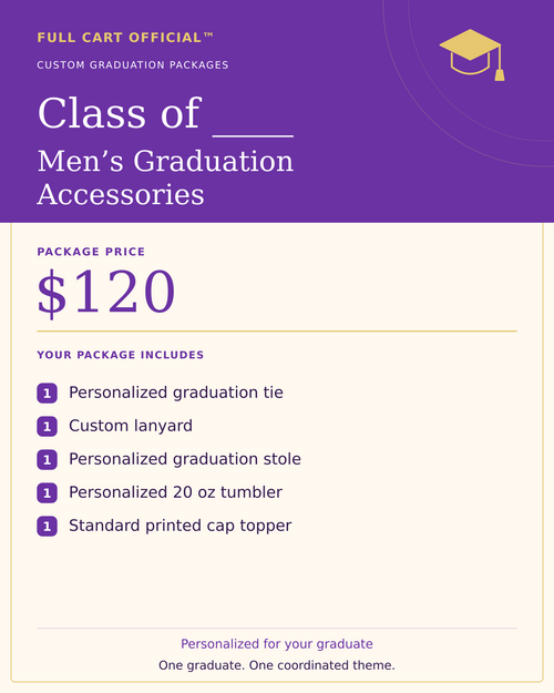 Full Cart Official Class of ____ Men’s Graduation Accessories package, $120. 1 Personalized graduation tie; 1 Custom lanyard; 1 Personalized graduation stole; 1 Personalized 20 oz tumbler; 1 Standard printed cap topper.